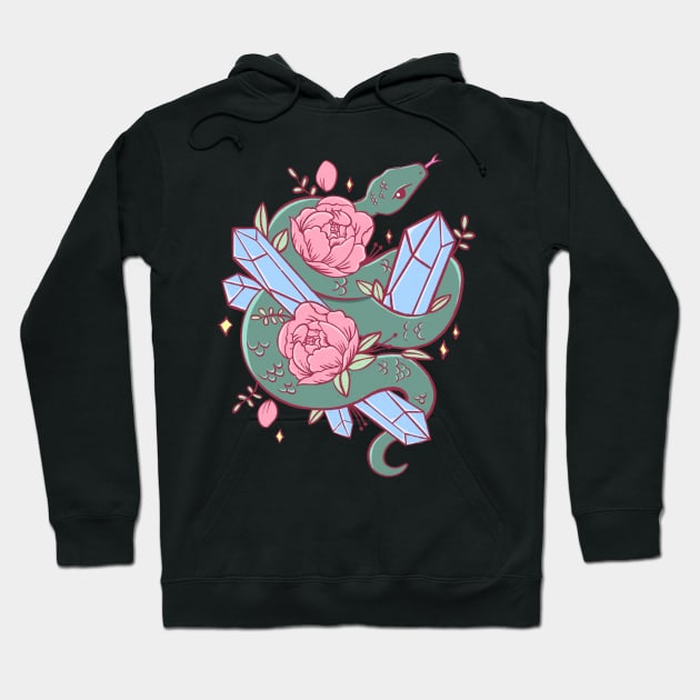 Green Snake with Peonies and Blue Crystals Hoodie by lulubee